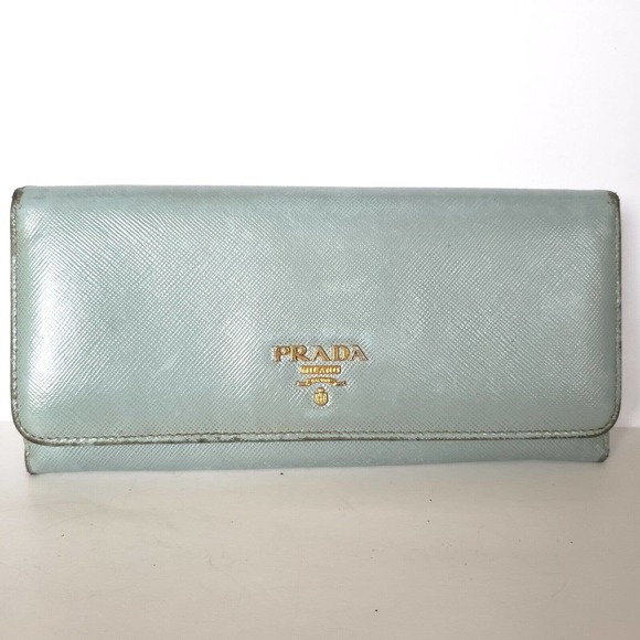 Prada Handbags - Prada Envelope Leather Wallet Size Large Clutch Continental Light Blue Logo